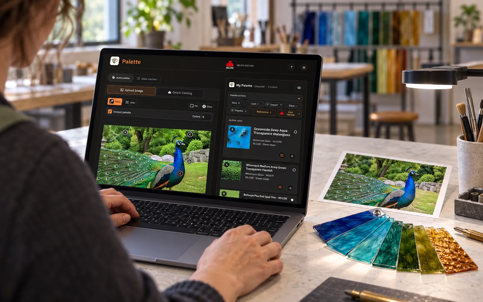 Glass artist using Palette on a laptop to match colors from a peacock photograph to real glass samples