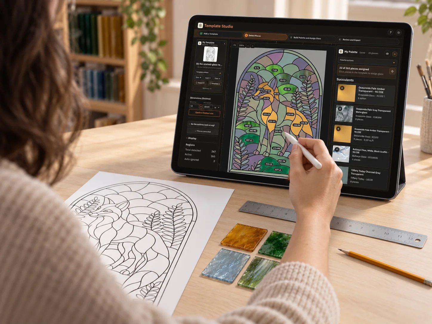 Glass artist using Template Studio on a tablet to assign real glass to a stained-glass botanical pattern