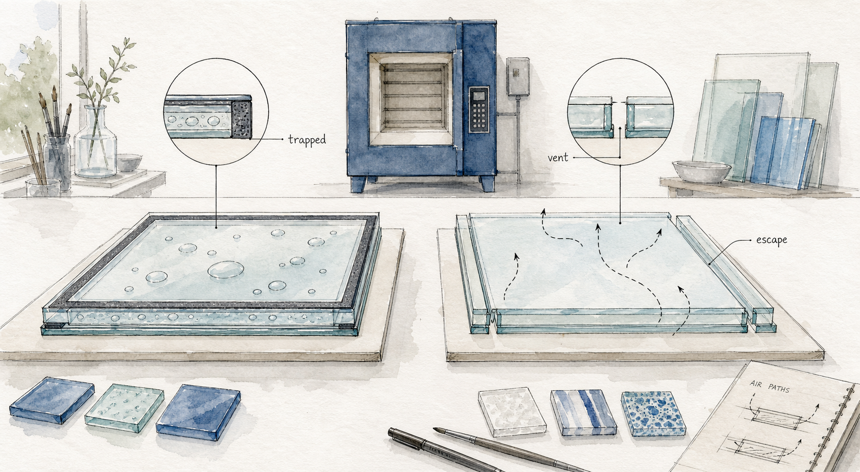 Architectural watercolor comparison of sealed and vented glass layouts showing trapped air versus escape paths.