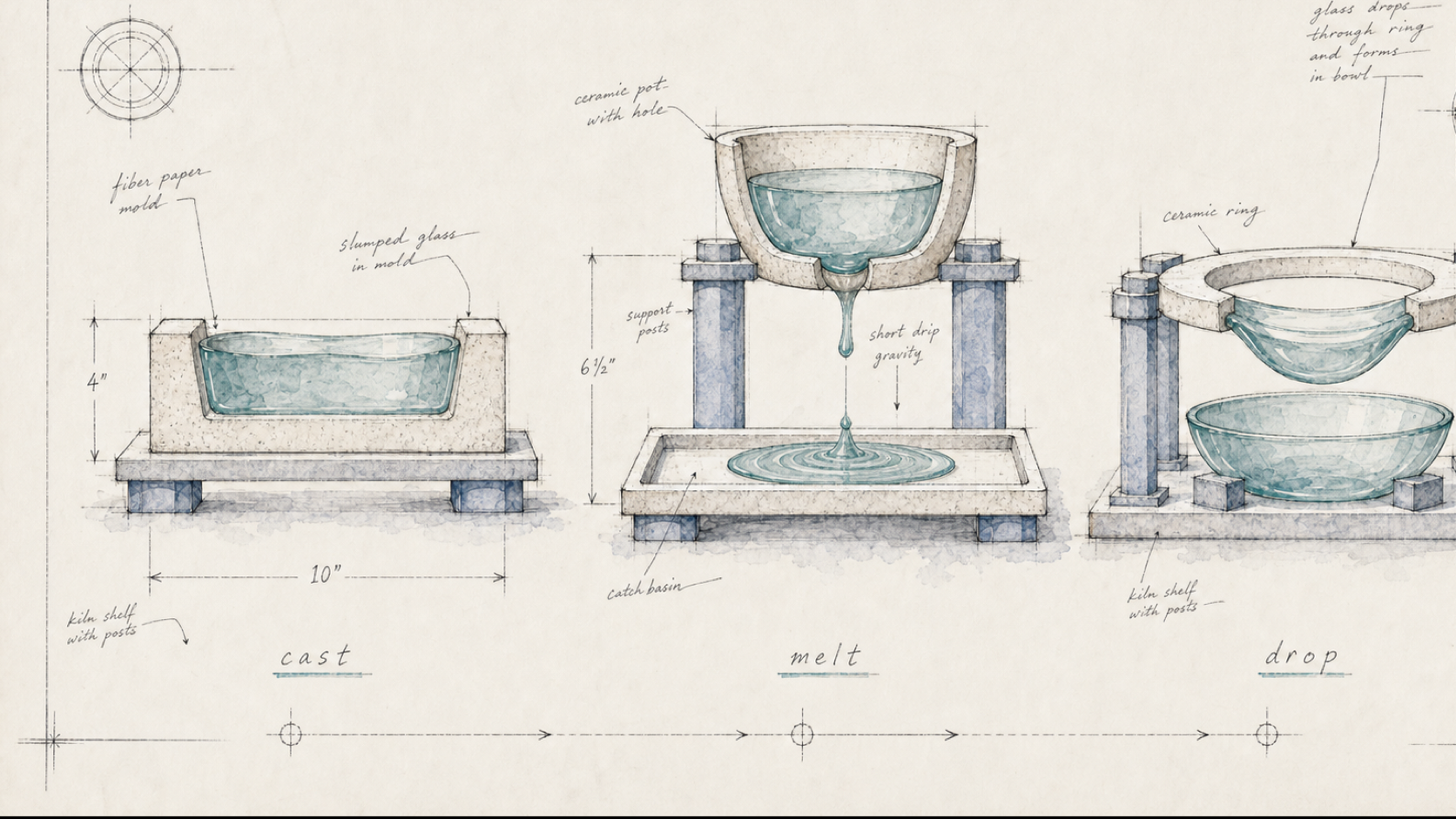 Architectural watercolor plate with casting, pot melt, and drop-out process stations showing glass moving under heat and gravity.