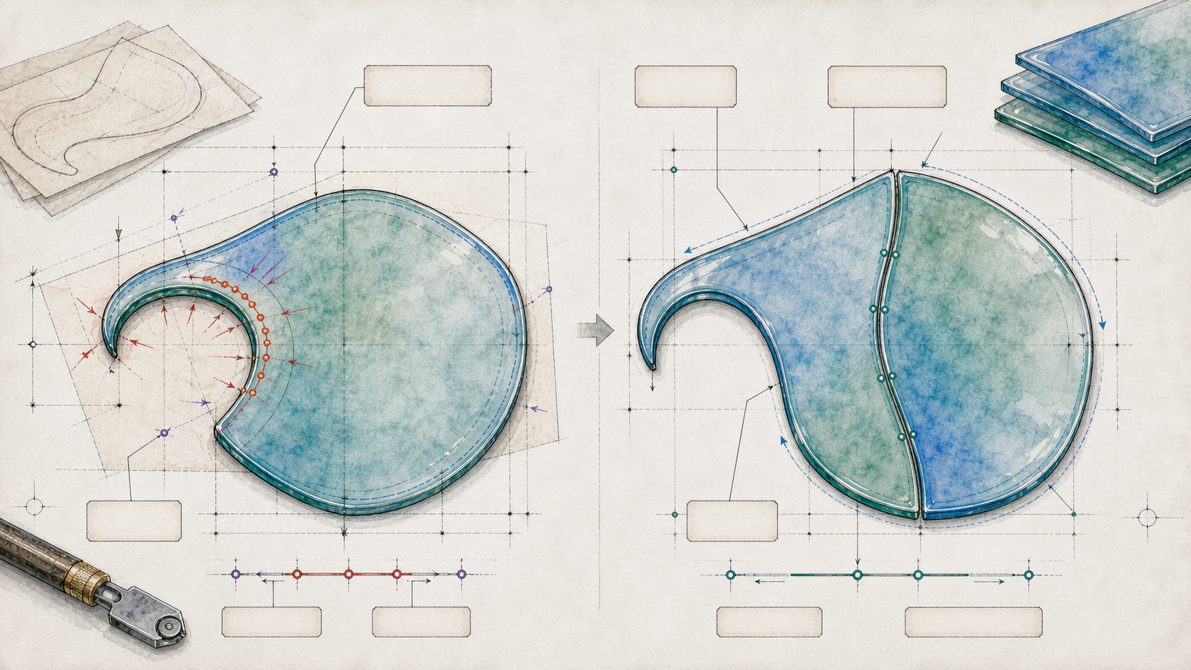 Architectural watercolor stained-glass pattern diagram showing a difficult inside curve revised into two more buildable pieces.