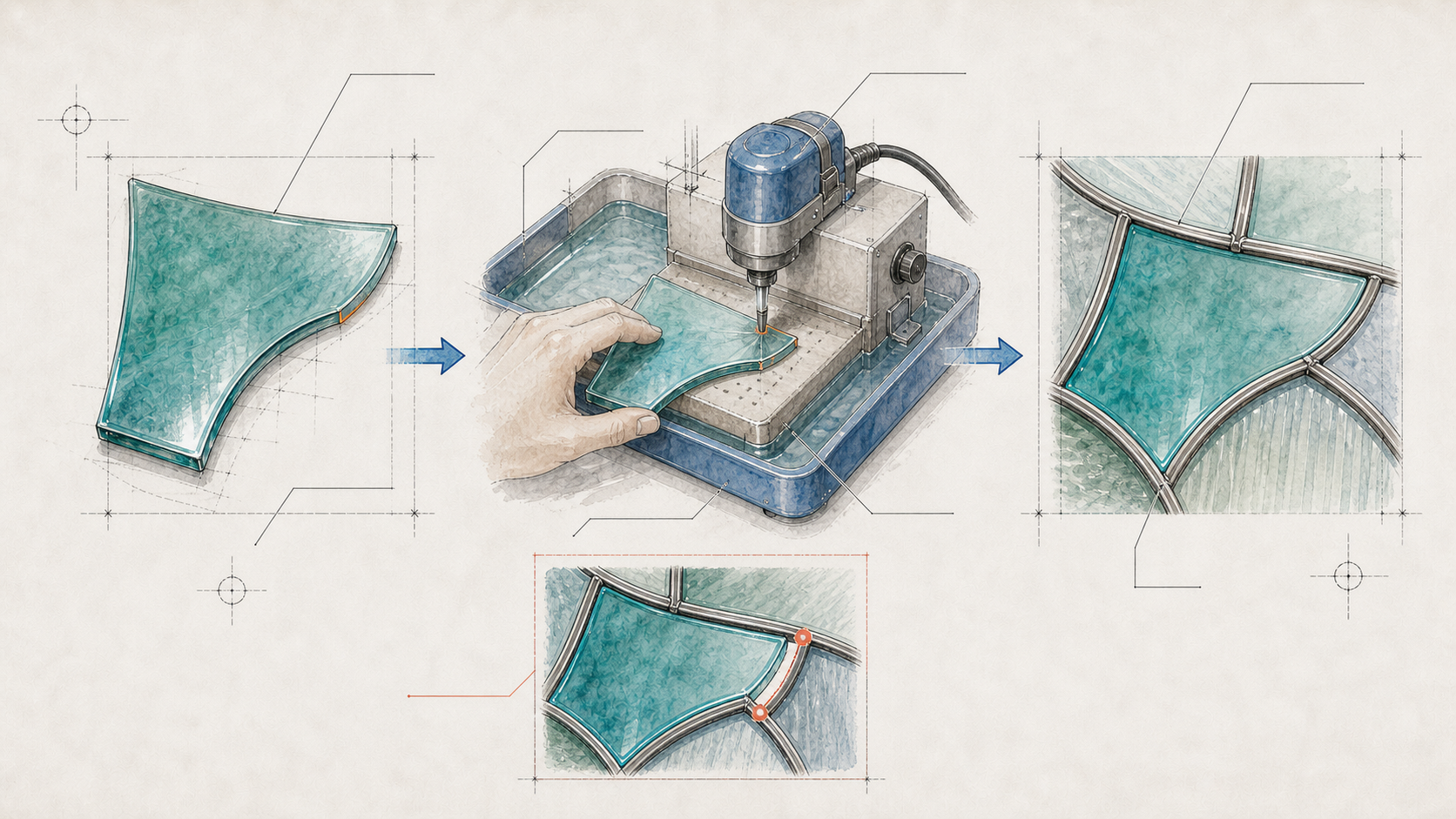 Architectural watercolor grinder diagram showing a small edge adjustment for fit and a contrast piece with an over-ground wide gap.