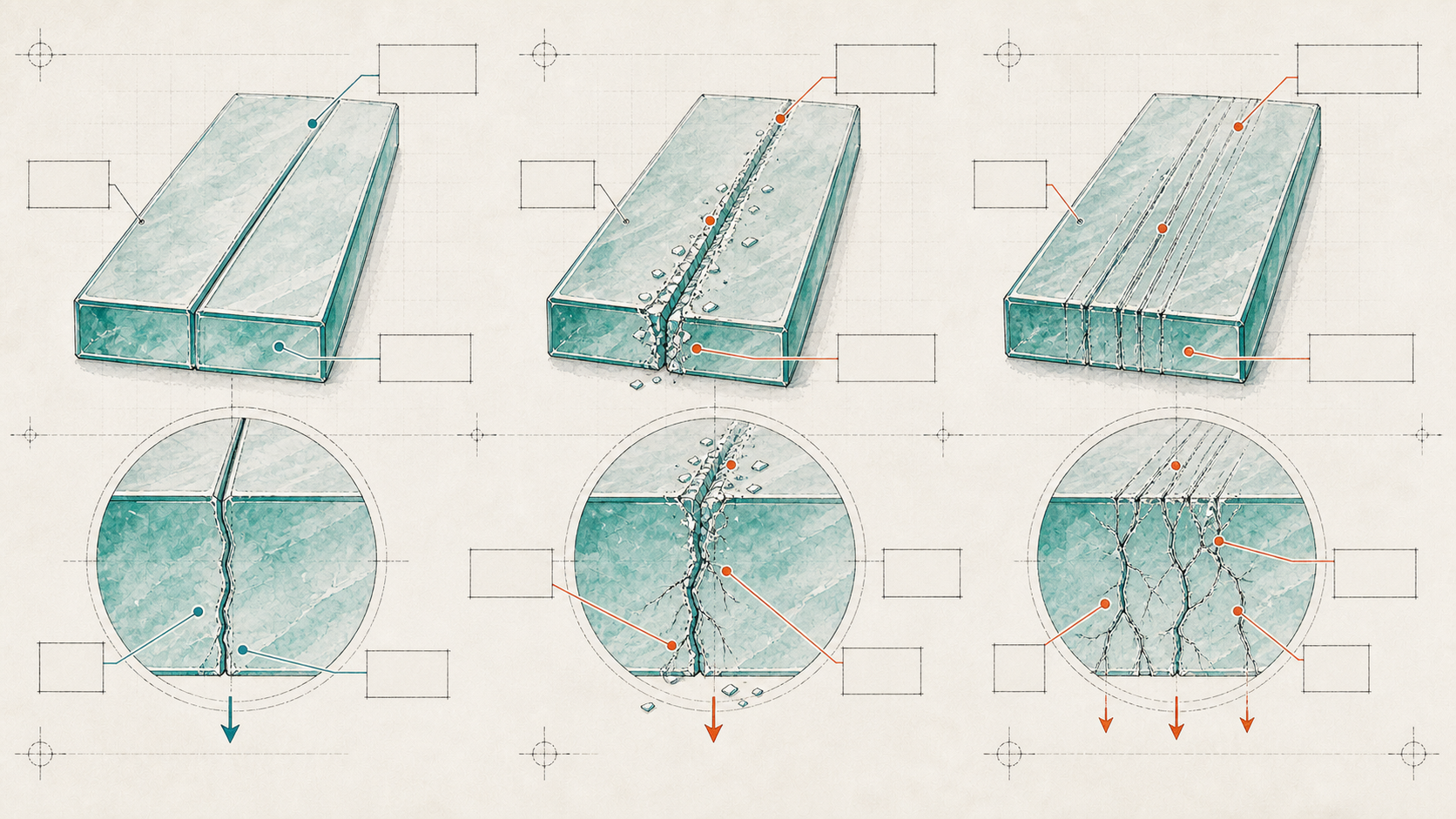 Architectural watercolor diagram comparing a clean single glass score, an over-pressed crushed score, and repeated scratchy scoring marks.