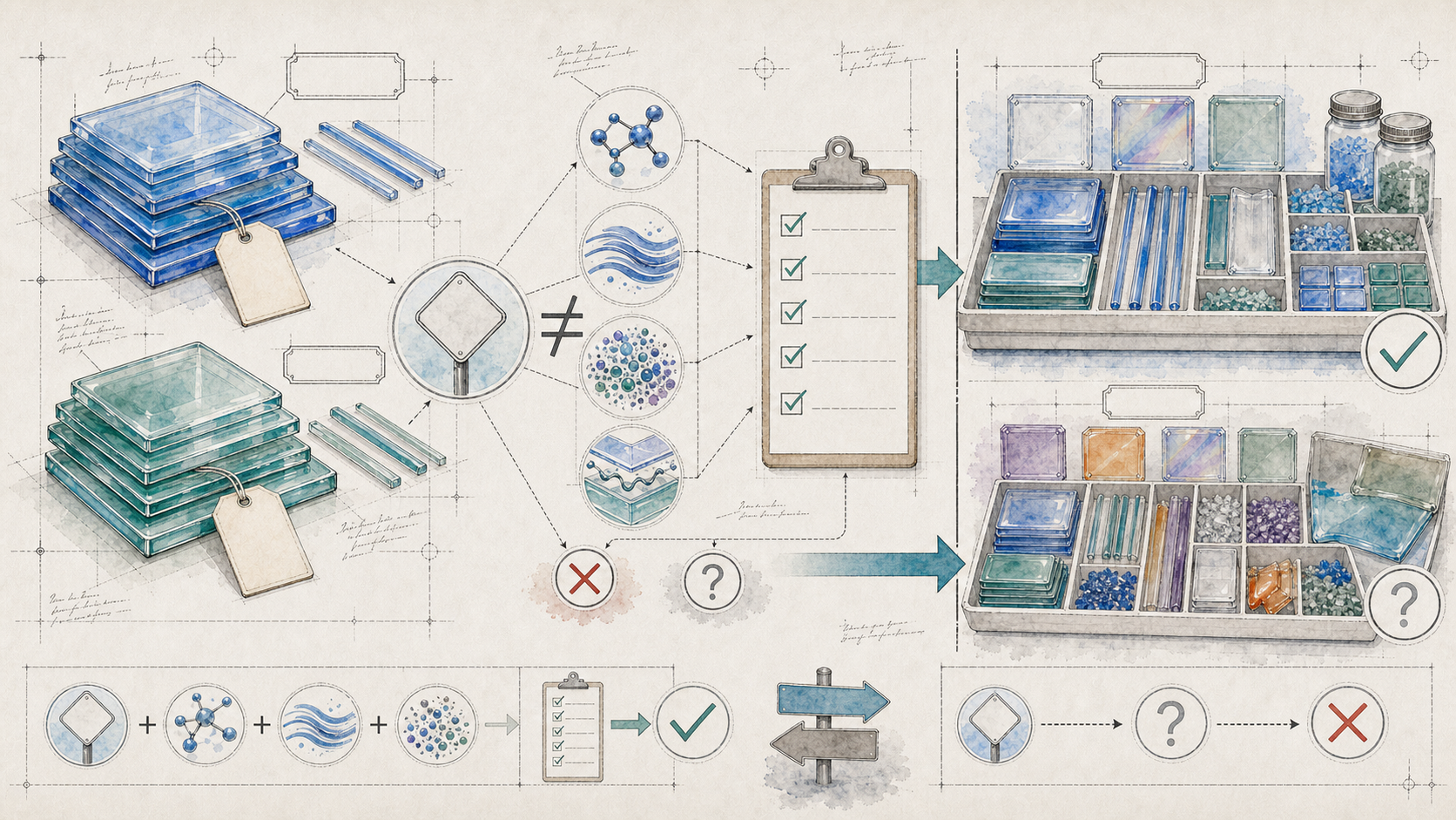 Architectural watercolor compatibility diagram showing similar glass stacks, blank clue tags, incomplete compatibility checks, and separated tested-system trays.