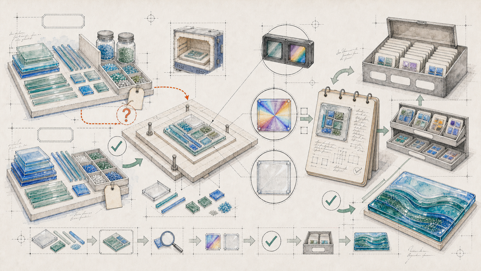 Architectural watercolor workflow diagram showing unknown glass coupons, a small test tile, stress-check viewer, sample card, storage box, and finished fused tile.
