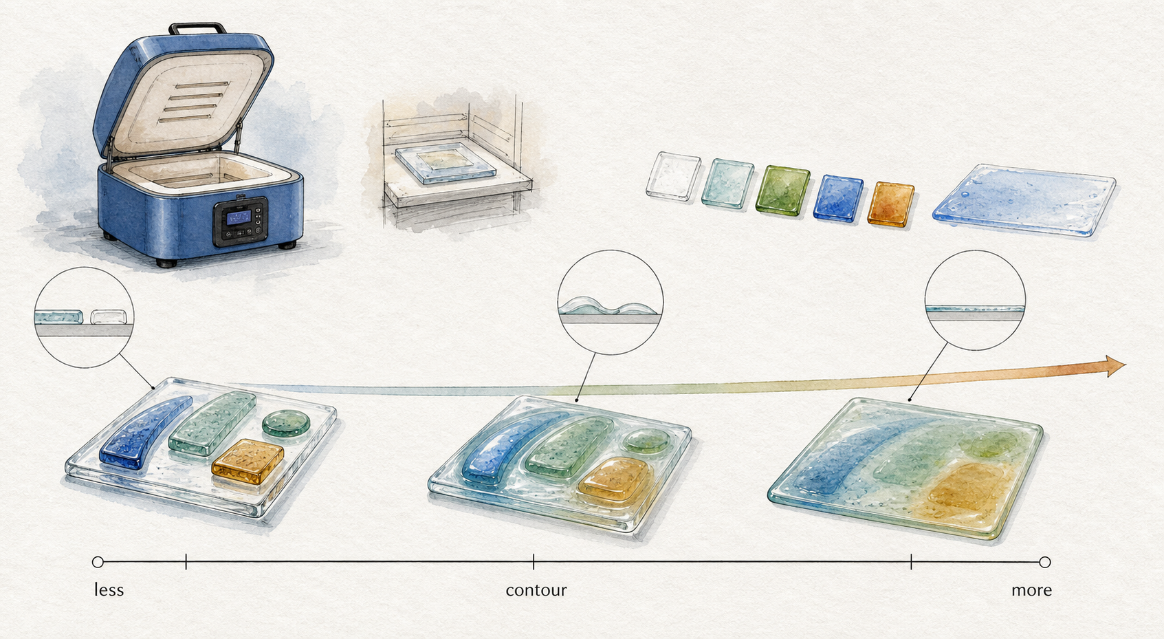Architectural watercolor comparison of less, contour, and more heatwork with sample tiles and kiln curve.
