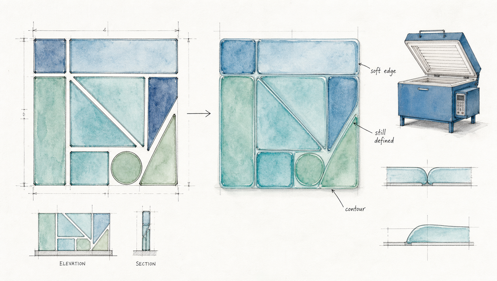Architectural watercolor plate showing glass shapes softening into contour fuse while remaining visibly defined.