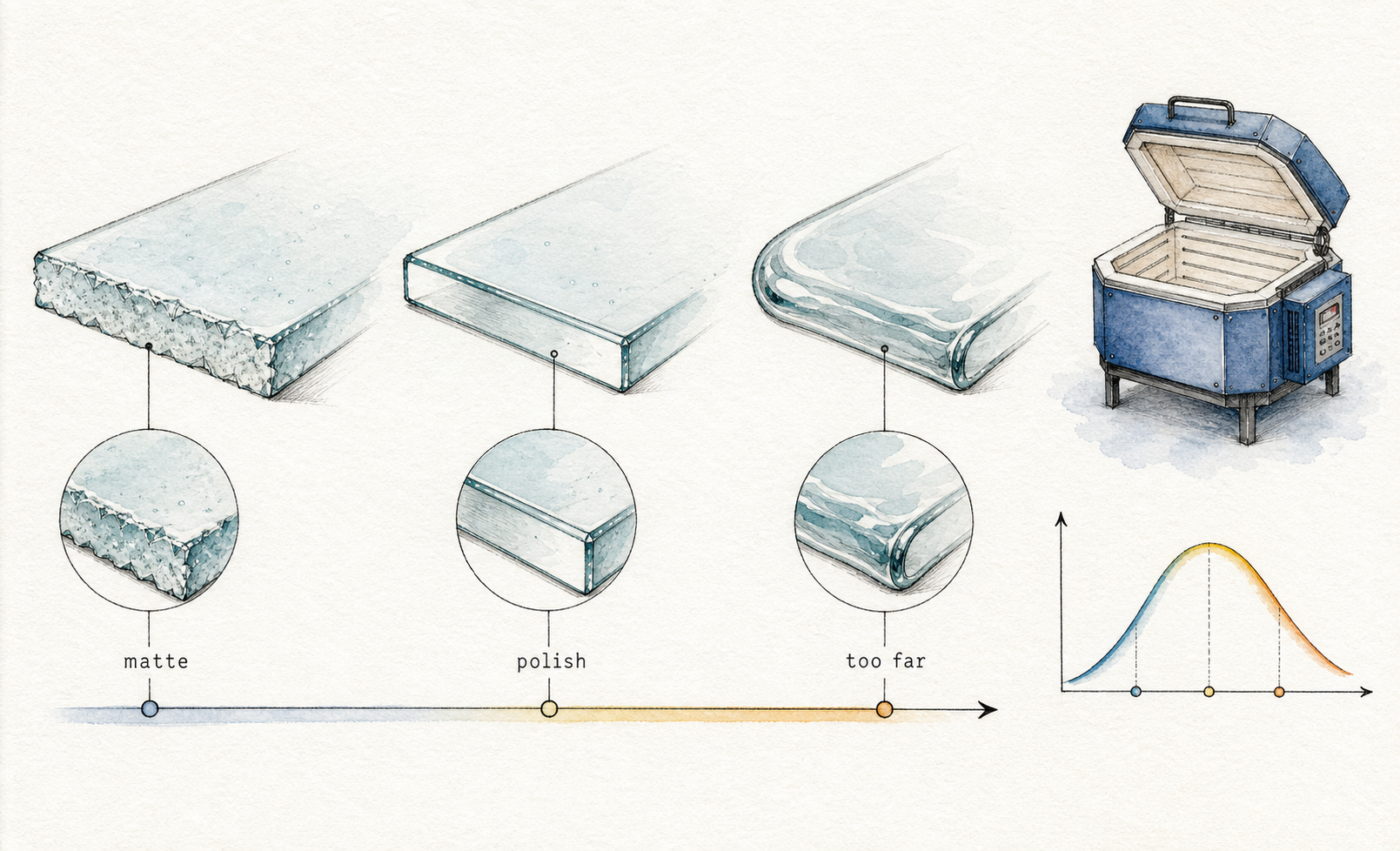 Architectural watercolor comparison of matte, polished, and over-softened glass edges along a heat curve.