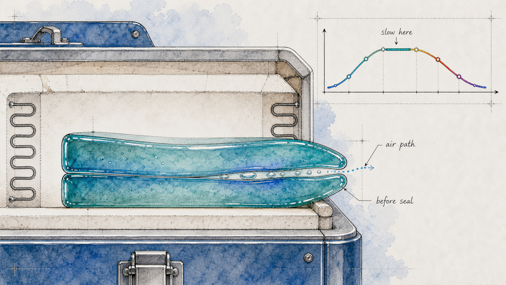 Hand-drawn close-up of two glass layers in a kiln with air escaping during a slow bubble-squeeze portion of the firing curve.