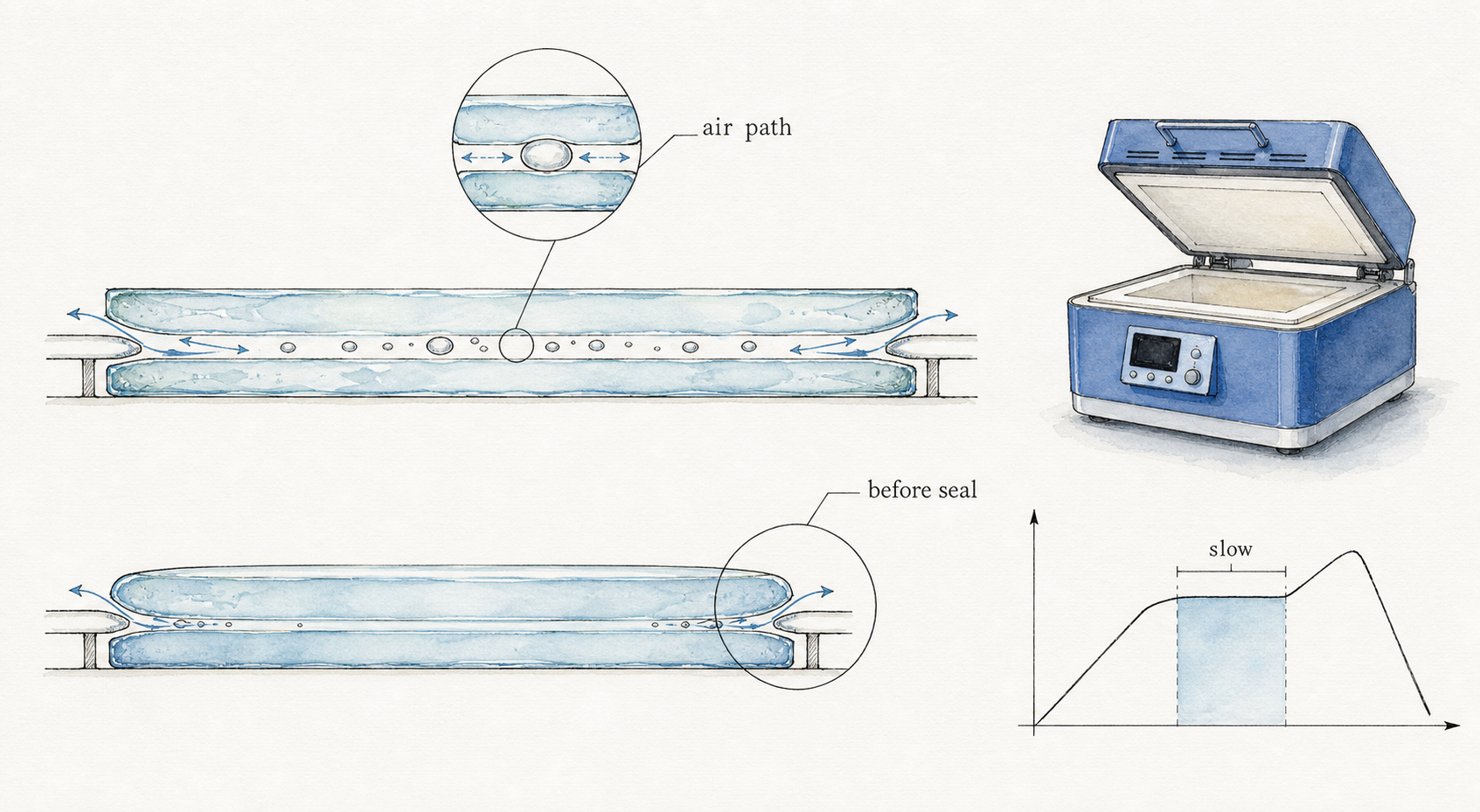 Architectural watercolor cross-section showing air pockets escaping between glass layers before the surface seals.
