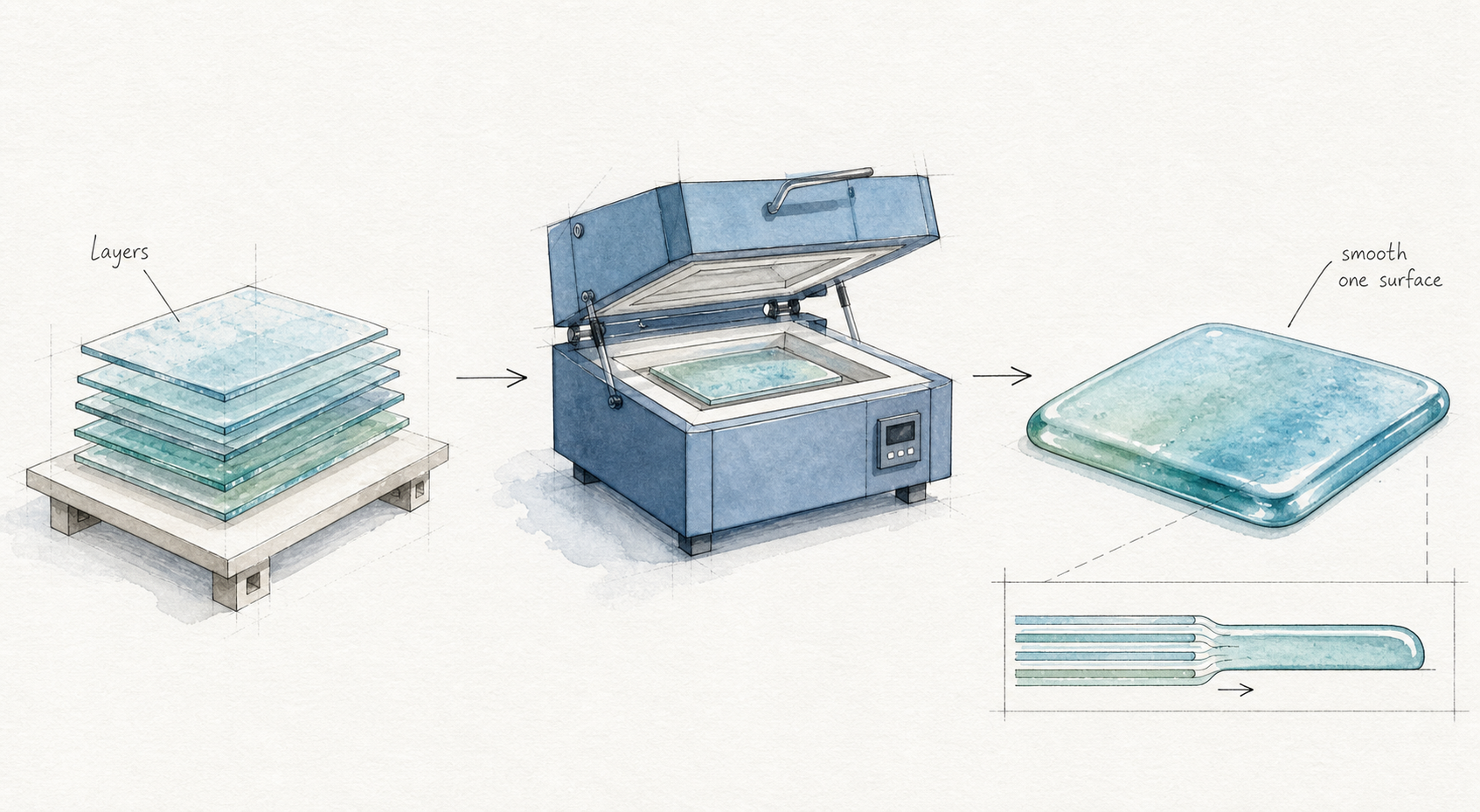 Architectural watercolor process plate showing stacked glass layers becoming one smooth full-fused surface in a kiln.