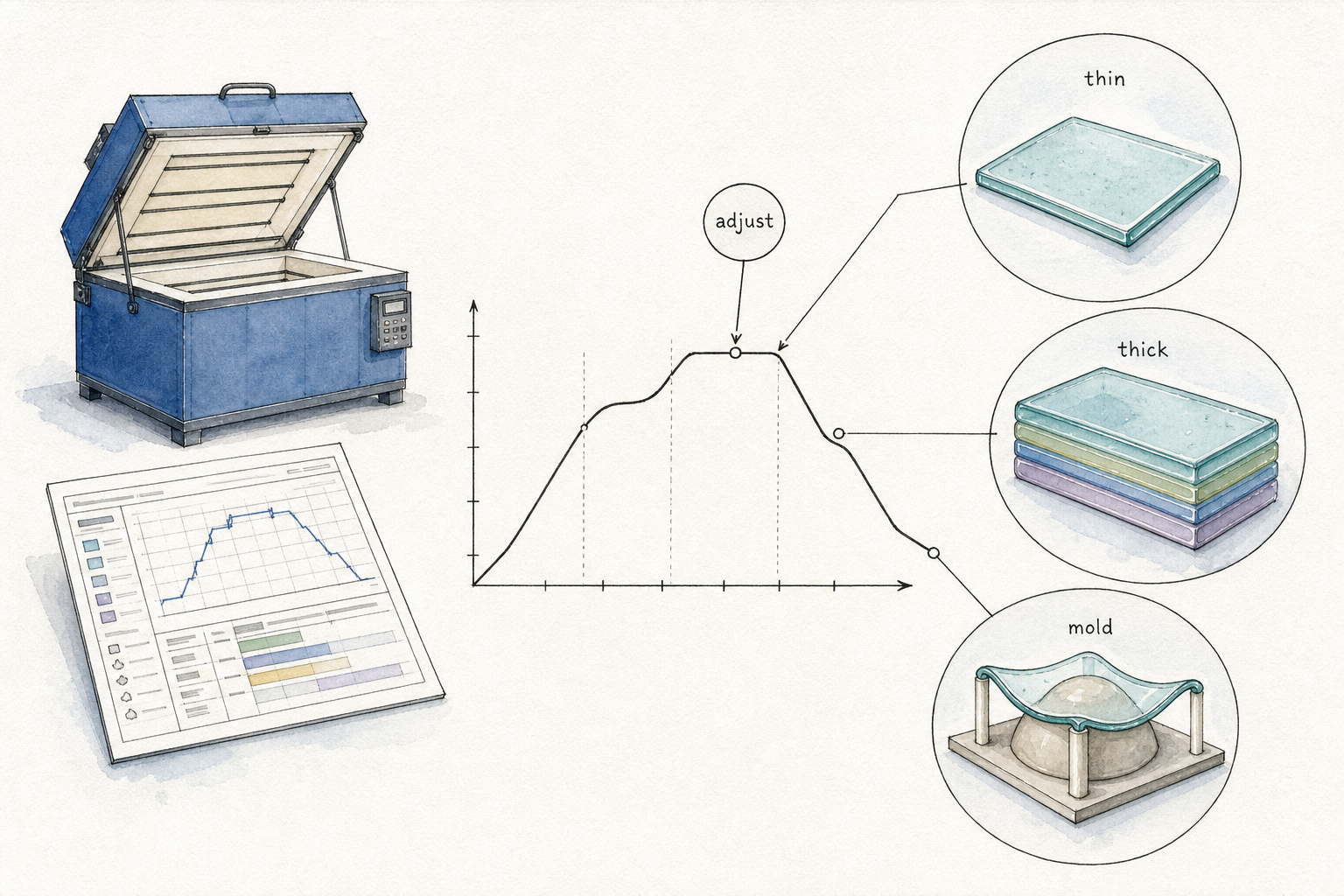 Architectural watercolor plate showing thin glass, thick glass, and mold support variables around a schedule curve and kiln.