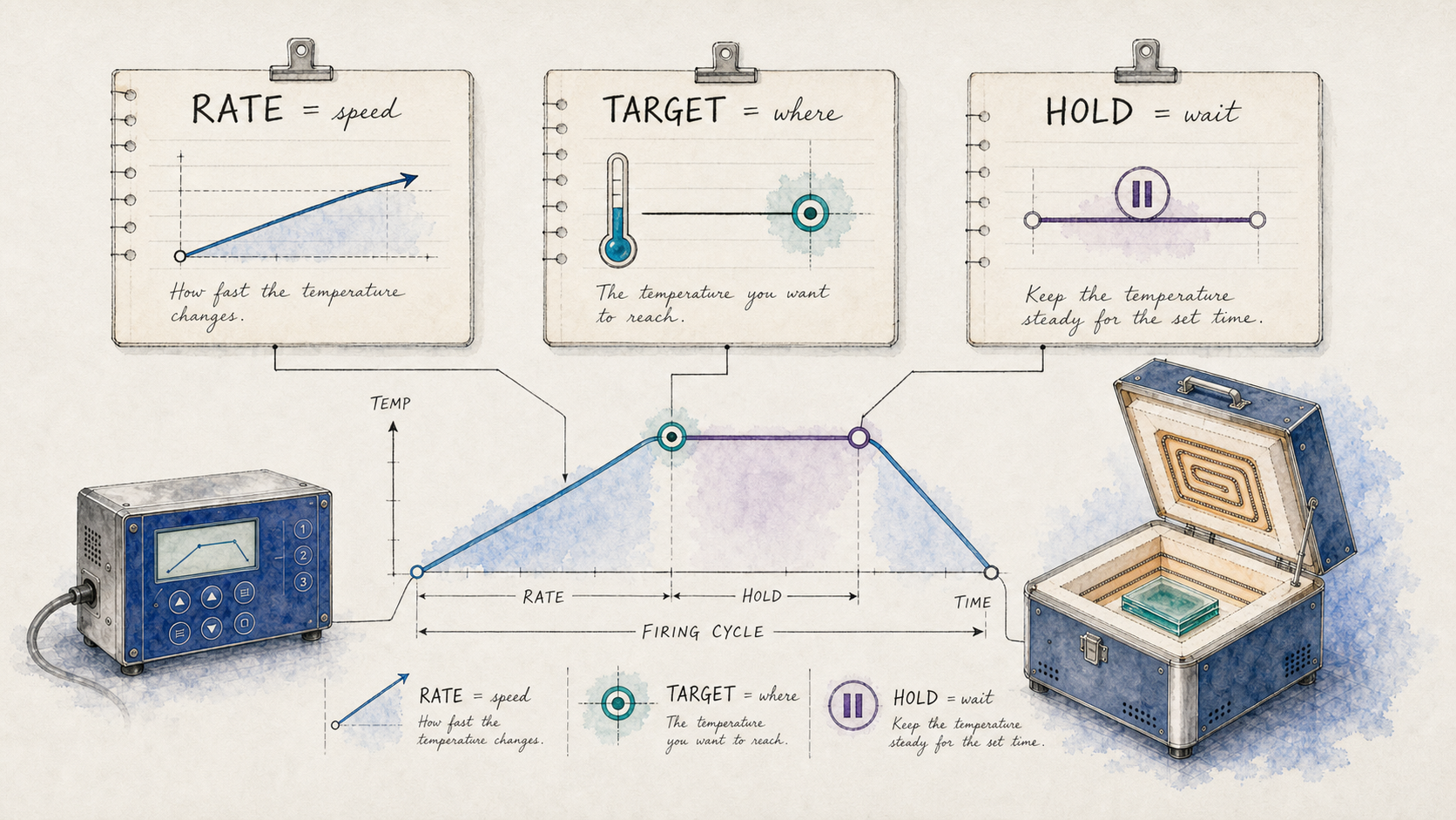 Hand-drawn rate, target, and hold cards connected to a firing curve, kiln controller, and glass kiln.