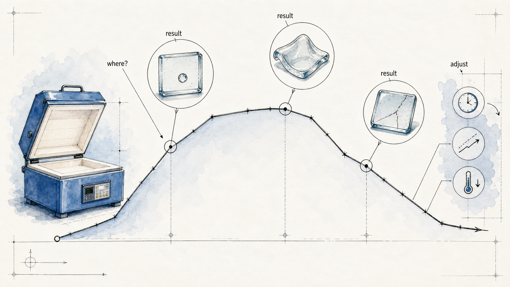 Architectural watercolor troubleshooting map with bubble, slump, and crack clues pinned to different places on a firing curve.