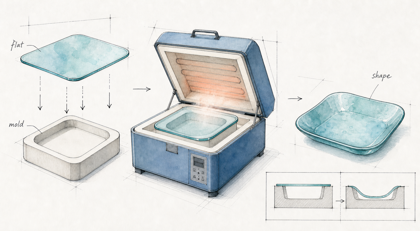 Architectural watercolor slumping plate showing a flat glass blank, rounded-square mold, kiln, and final shaped dish.