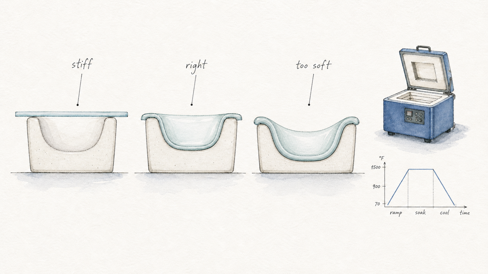 Architectural watercolor comparison of too stiff, just right, and too soft slumping states over a mold.
