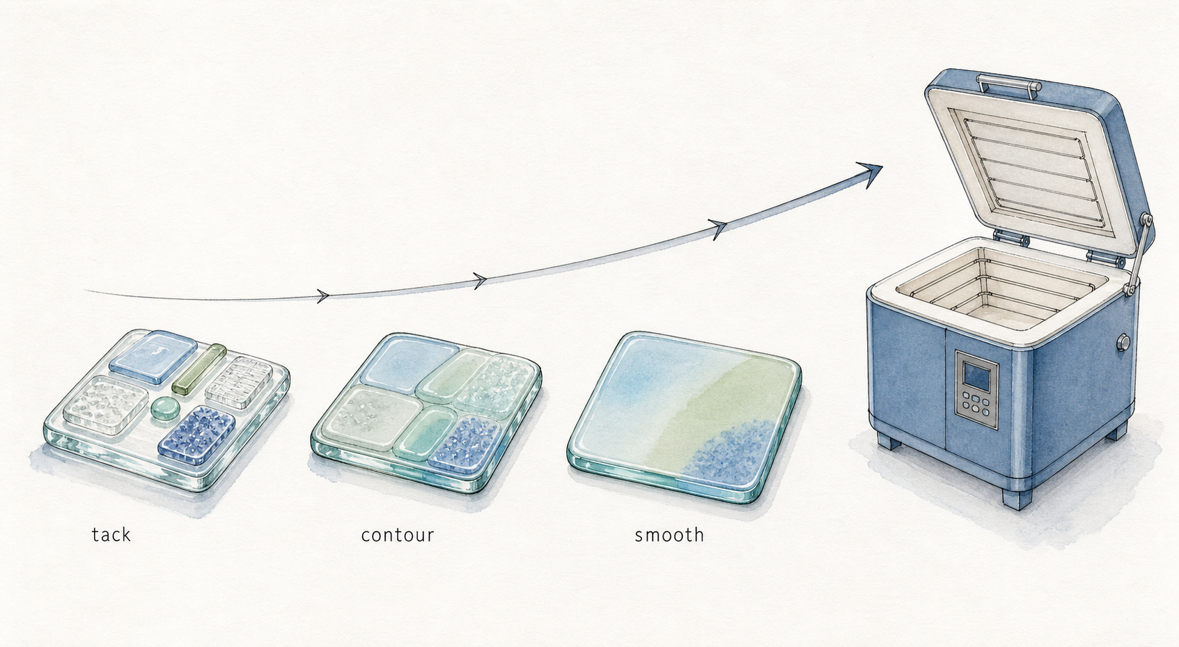 Architectural watercolor heatwork comparison showing tack, contour, and smooth fuse samples along a firing curve.