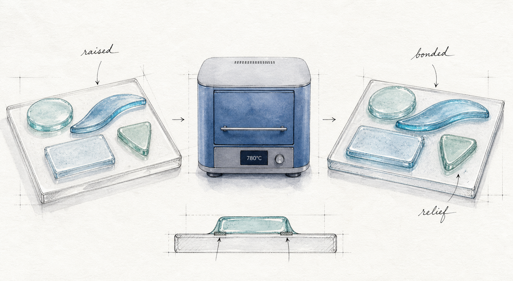 Architectural watercolor plate showing raised glass pieces bonding to a base tile while preserving relief in a tack fuse.