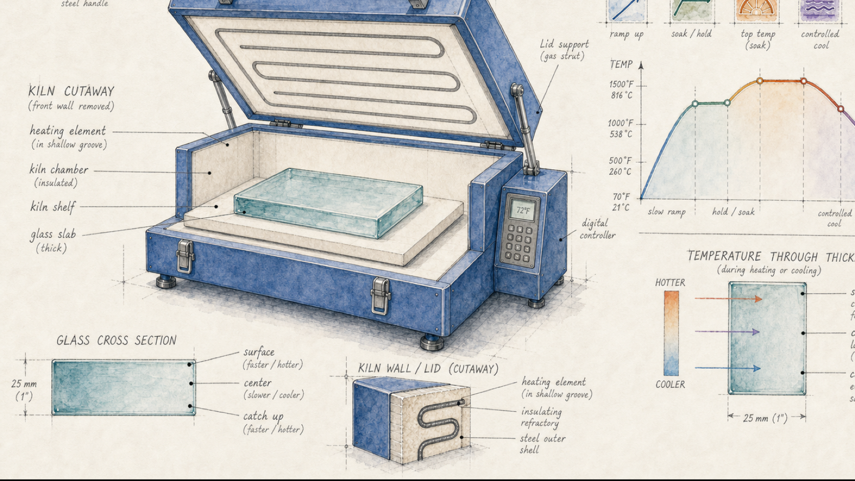 Architectural watercolor cross-section of a thick glass slab in a kiln showing surface and center heat zones.