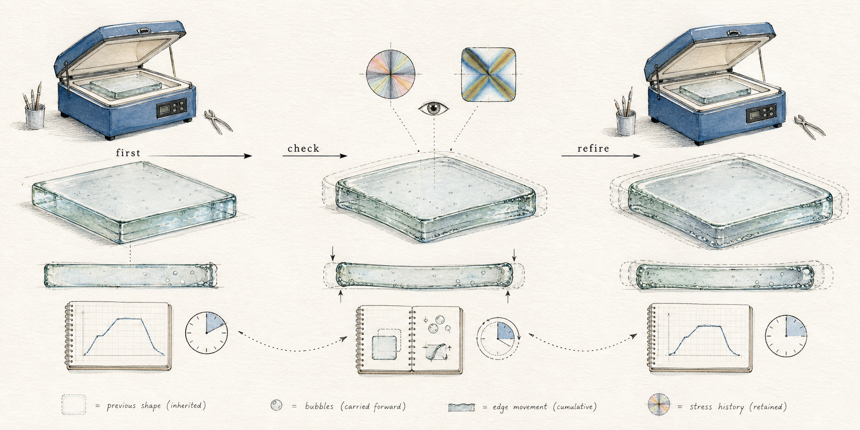 Architectural watercolor sequence showing a thick glass piece through first firing, inspection, and a second refiring path.