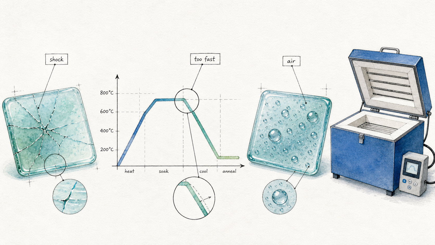 Architectural watercolor diagnostic plate showing cracked glass, trapped bubbles, a kiln, and a firing curve tied to schedule trouble spots.