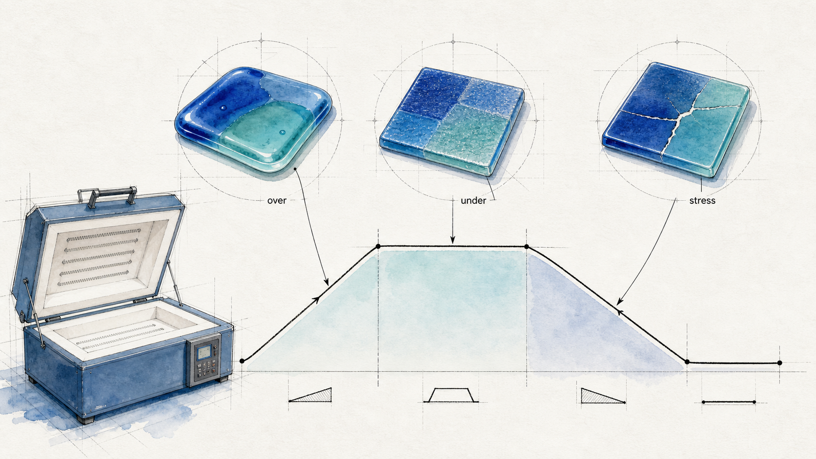 Architectural watercolor comparison of overfired, underfired, and stress-cracked glass samples linked to a firing curve.