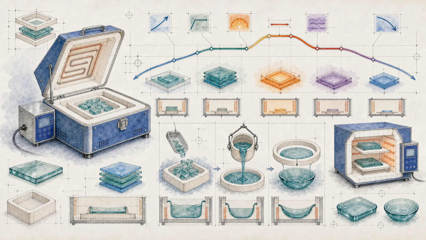 Hand-drawn studio notebook illustration of kiln casting, pot melt flow, and drop-out forming as three special-process schedule paths.