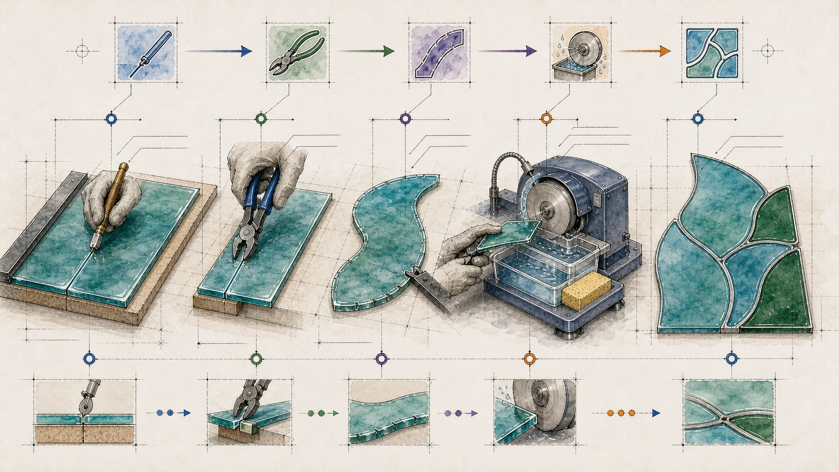 Architectural watercolor stained-glass bench diagram showing a clean score, supported break, relief cuts, grinder station, and fitted pattern pieces.