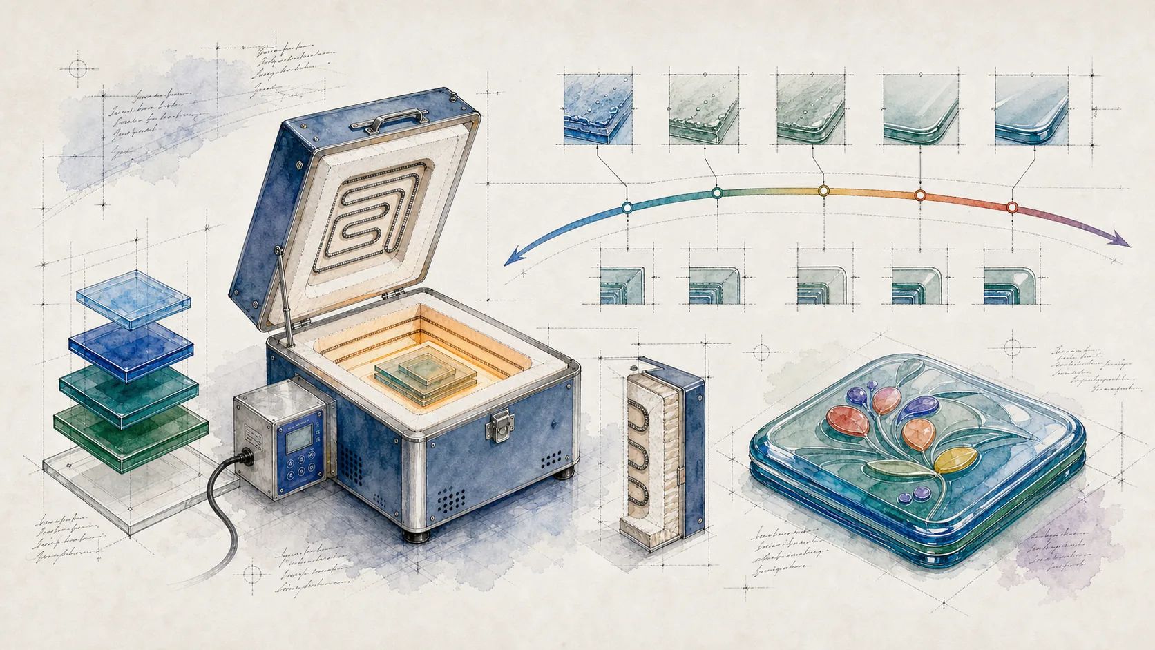 Hand-drawn studio notebook illustration of contour-fused glass samples becoming rounded but still textured, with a modern kiln and heat curve.