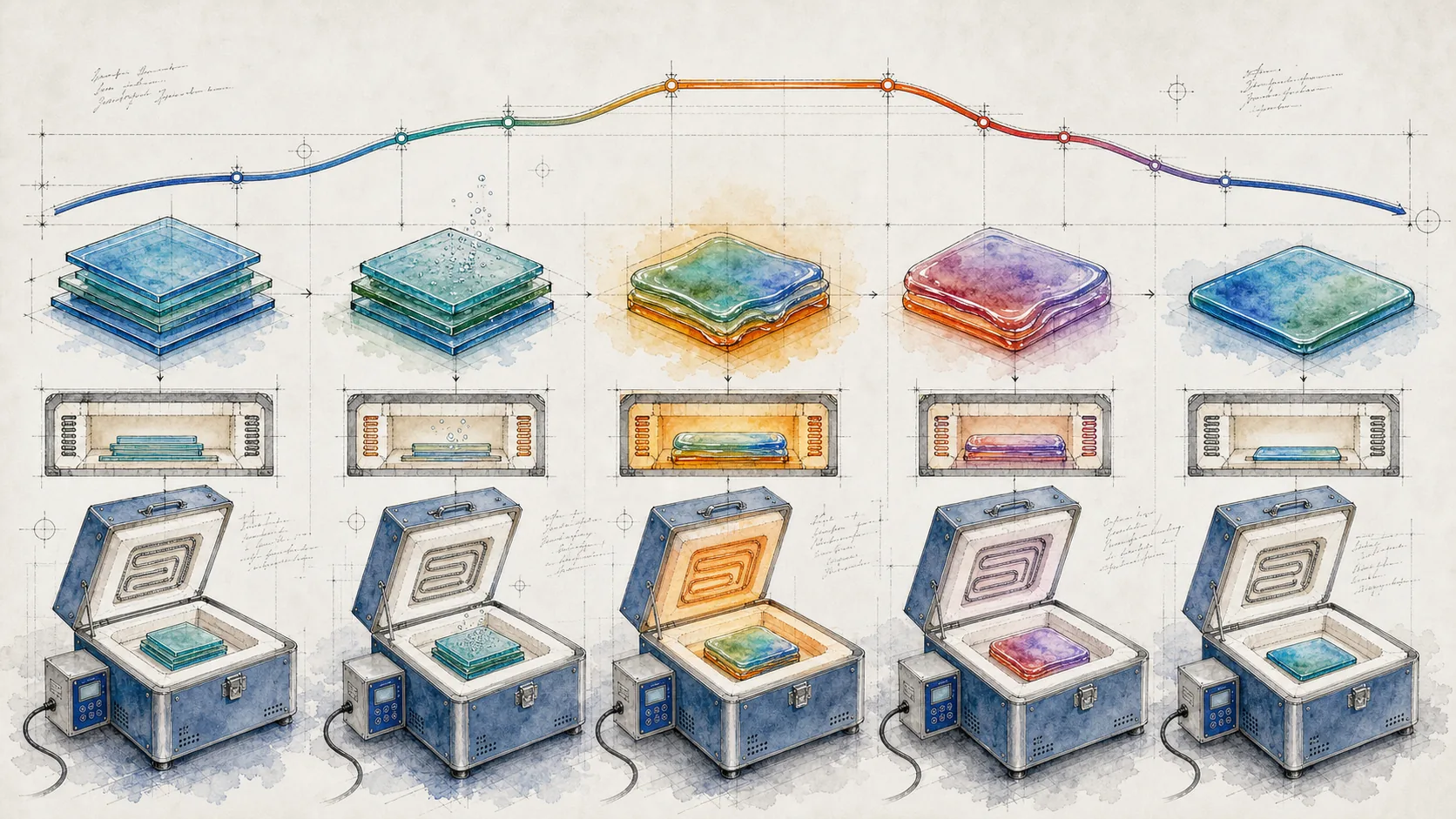 Hand-drawn five-phase firing notebook diagram with kiln samples progressing along a heat curve.