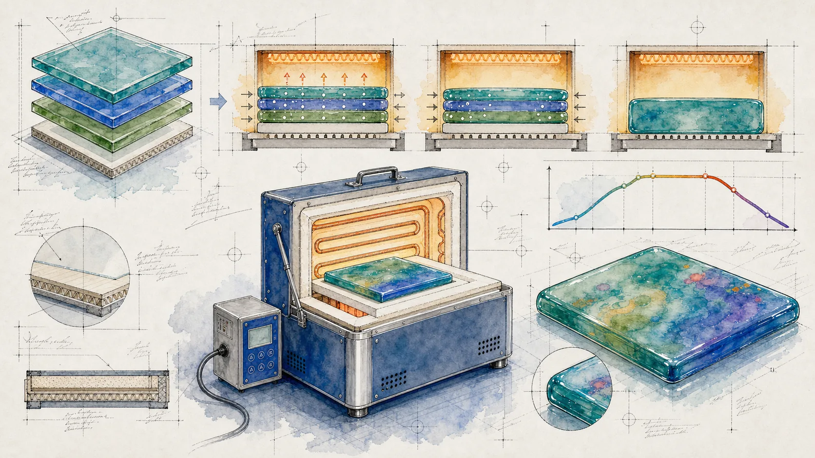 Hand-drawn studio notebook diagram of layered glass becoming a smooth full-fused tile, with bubble squeeze and annealing curves.