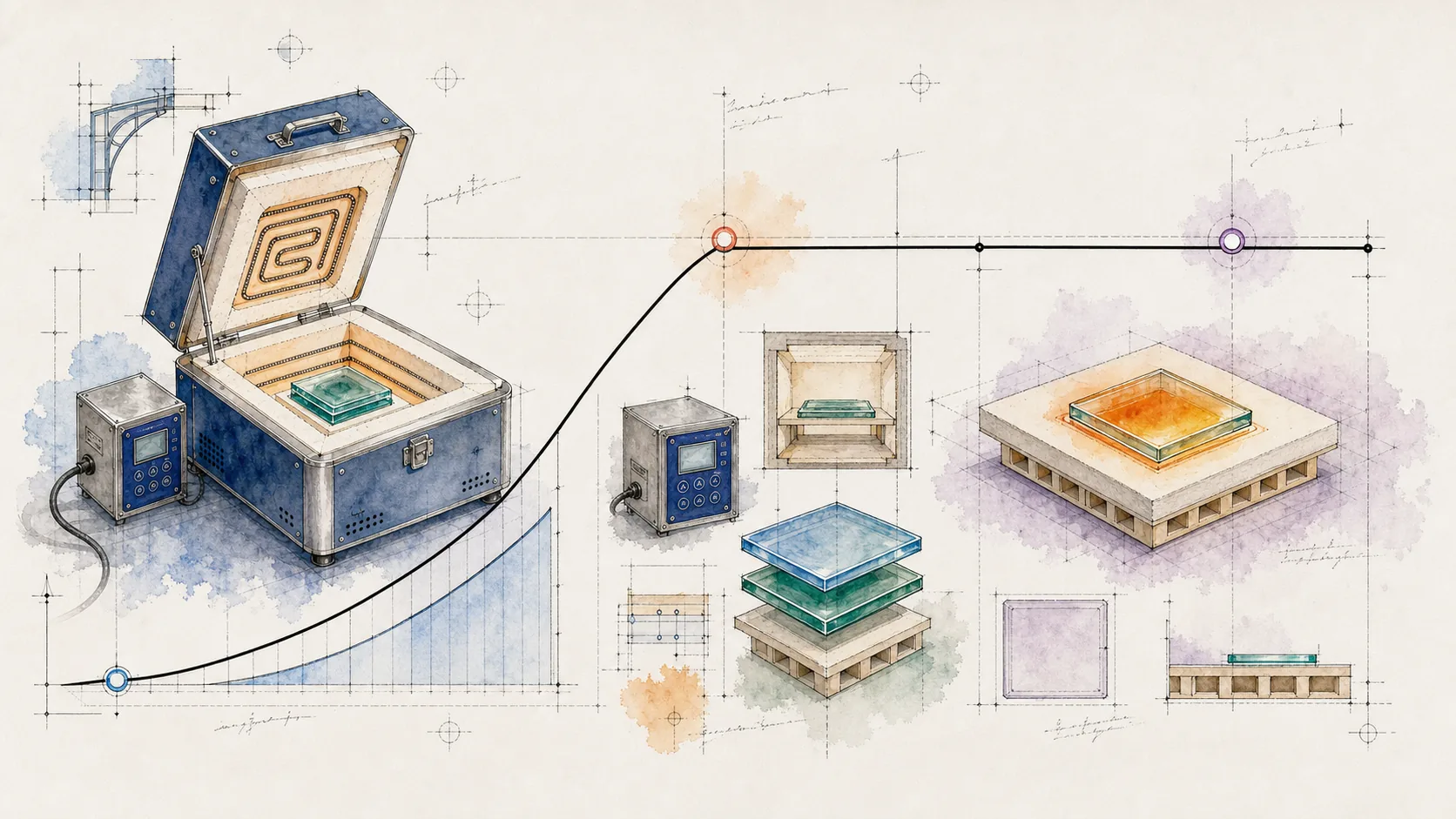 Hand-drawn studio notebook diagram showing three schedule building blocks with glass samples and a heat line.