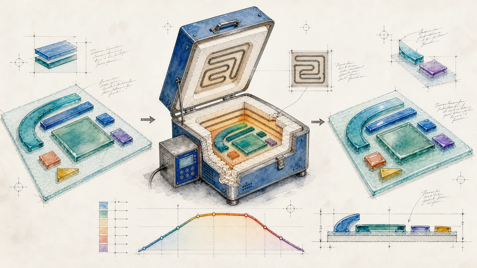 Hand-drawn studio notebook illustration of tack-fused glass samples, a modern kiln, and a firing curve showing texture preserved after bonding.