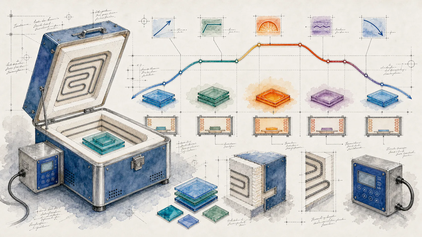 Hand-drawn kiln schedule notebook diagram with a kiln, sample tiles, and a heat curve.