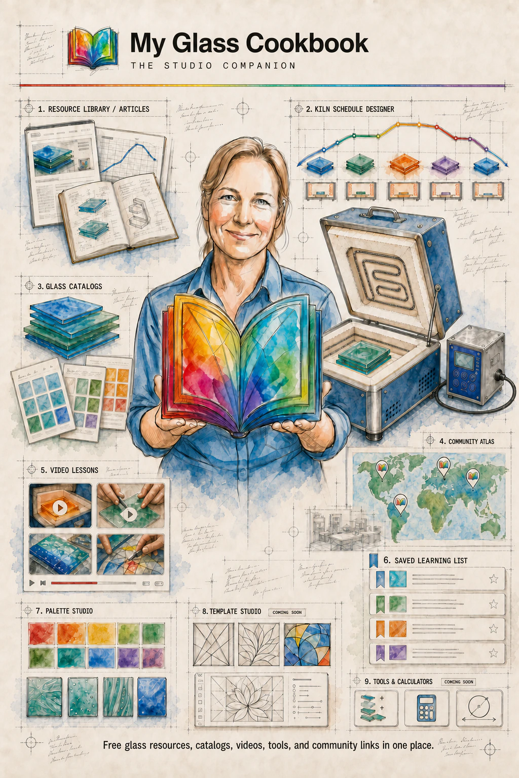 Illustrated overview of glass resources, catalogs, kiln tools, videos, community links, and studio planning features