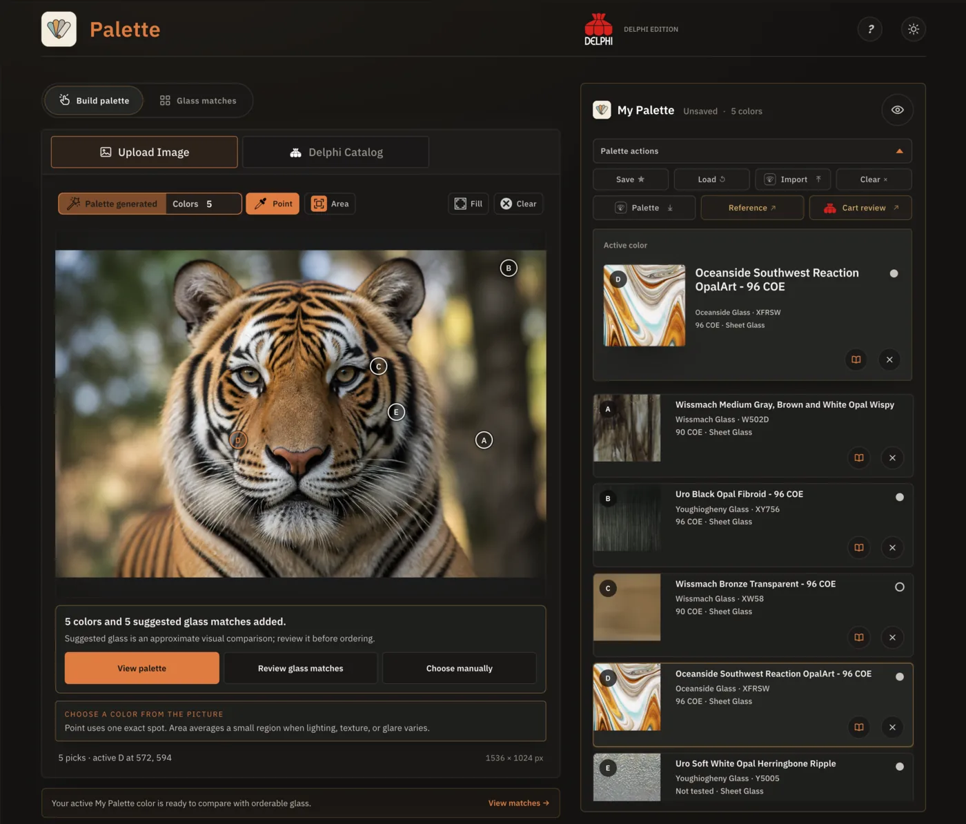 Palette matching colors from a tiger photograph to real glass products