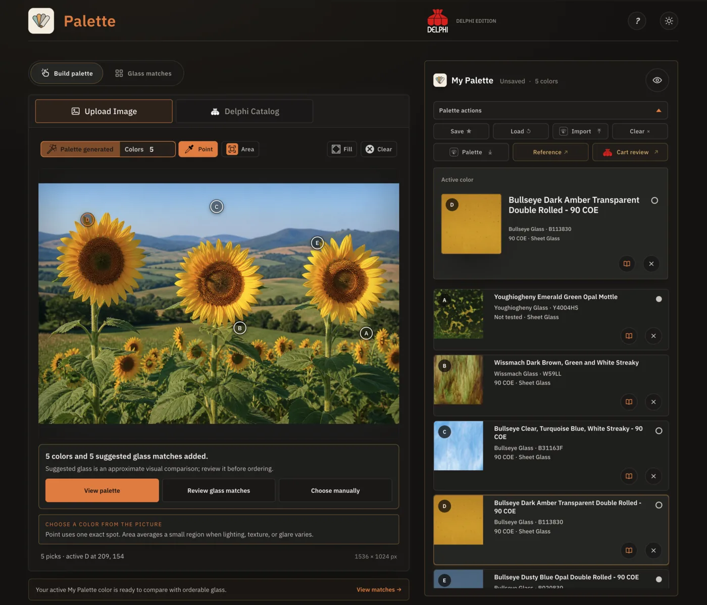 Palette matching colors from a sunflower photograph to real glass products