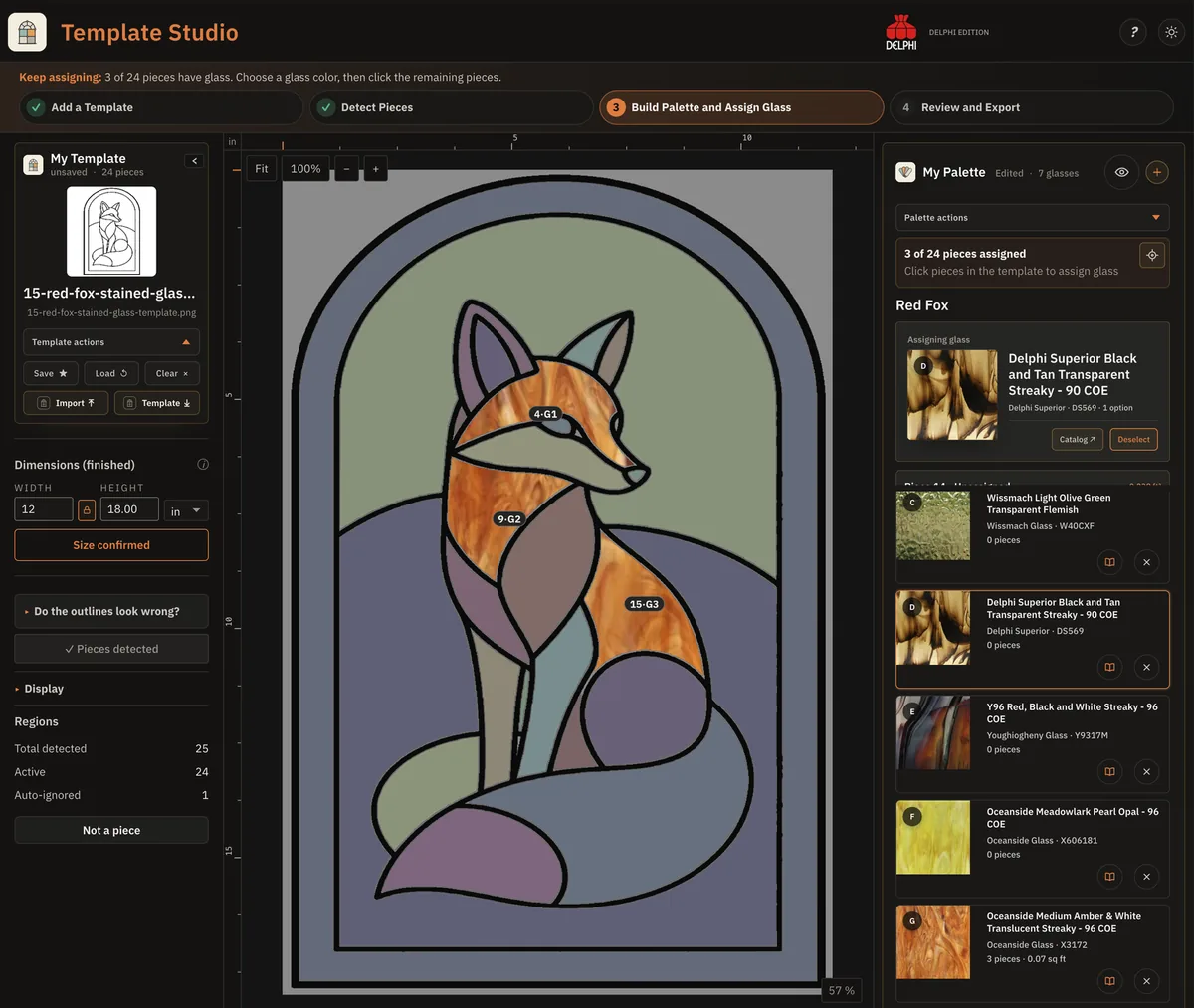 Template Studio workspace assigning coordinated glass to a red fox template