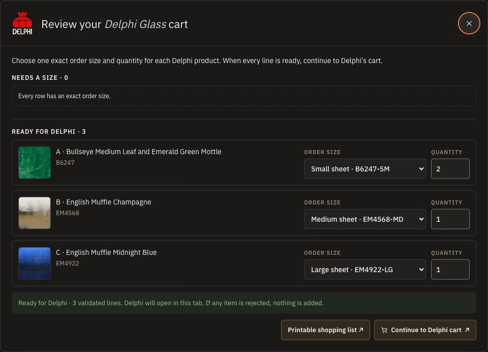 Palette Cart Review showing three real Delphi glass products with selected order sizes, quantities, validated status, and a Continue to Delphi cart button.