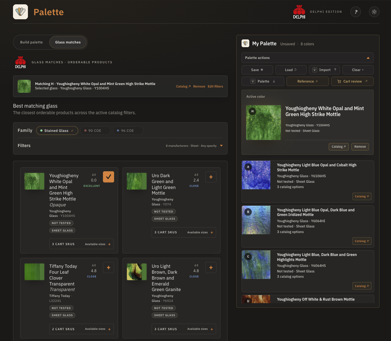 Palette Glass Matches view showing a selected catalog product, ranked alternatives, and an eight-color working Palette.