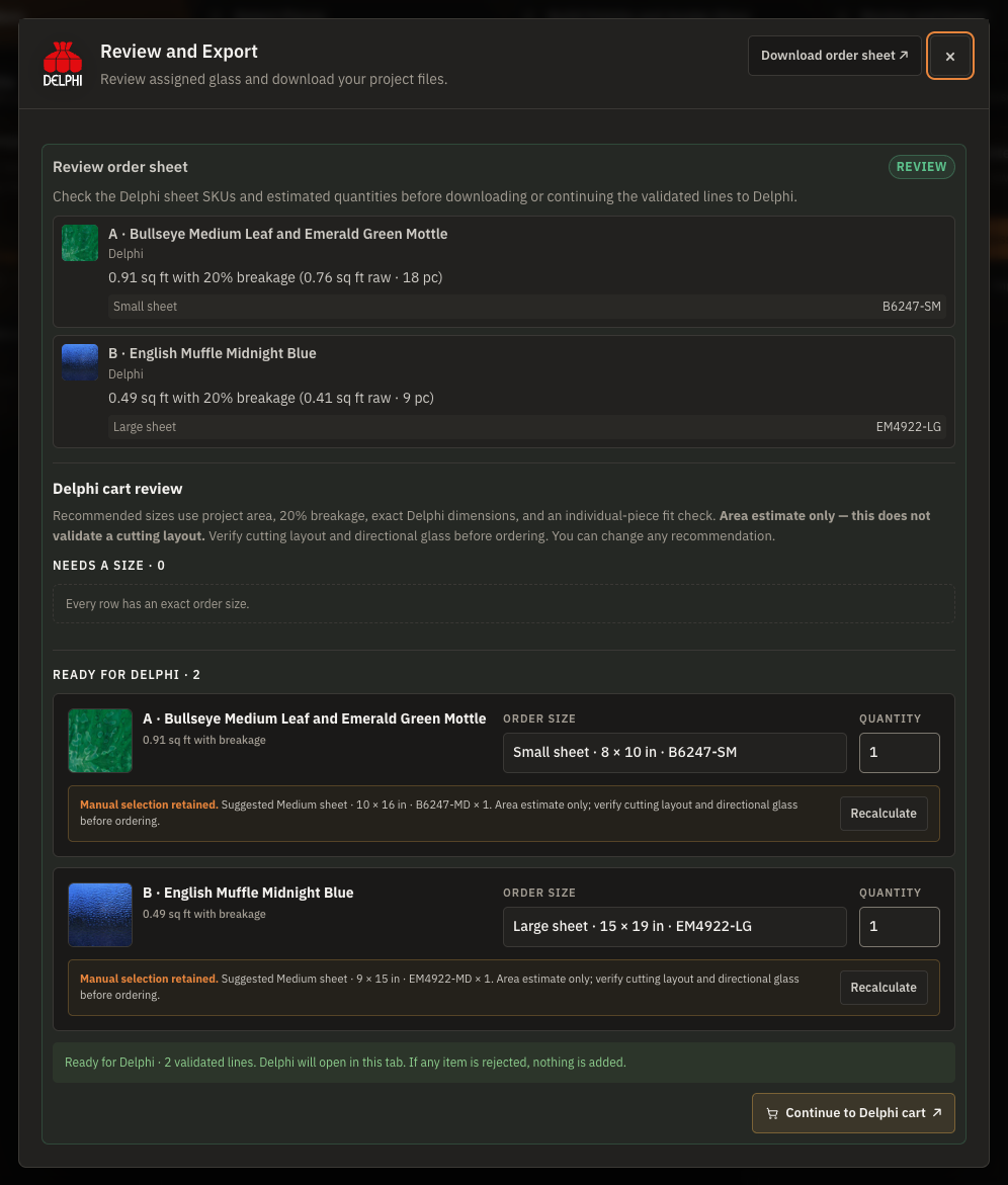 Template Studio Review and Export panel with the Delphi logo, assigned sheet glass, estimated material with breakage, exact order sizes, quantities, validated status, and a Continue to Delphi cart button.