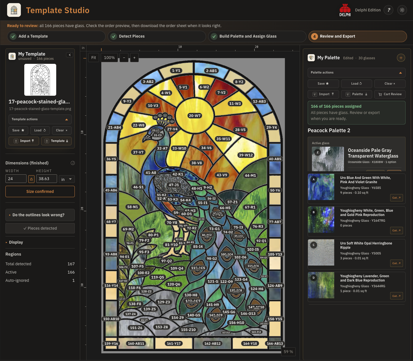 Template Studio showing a completed peacock panel plan, piece labels, assigned glass, dimensions, and export-ready status.