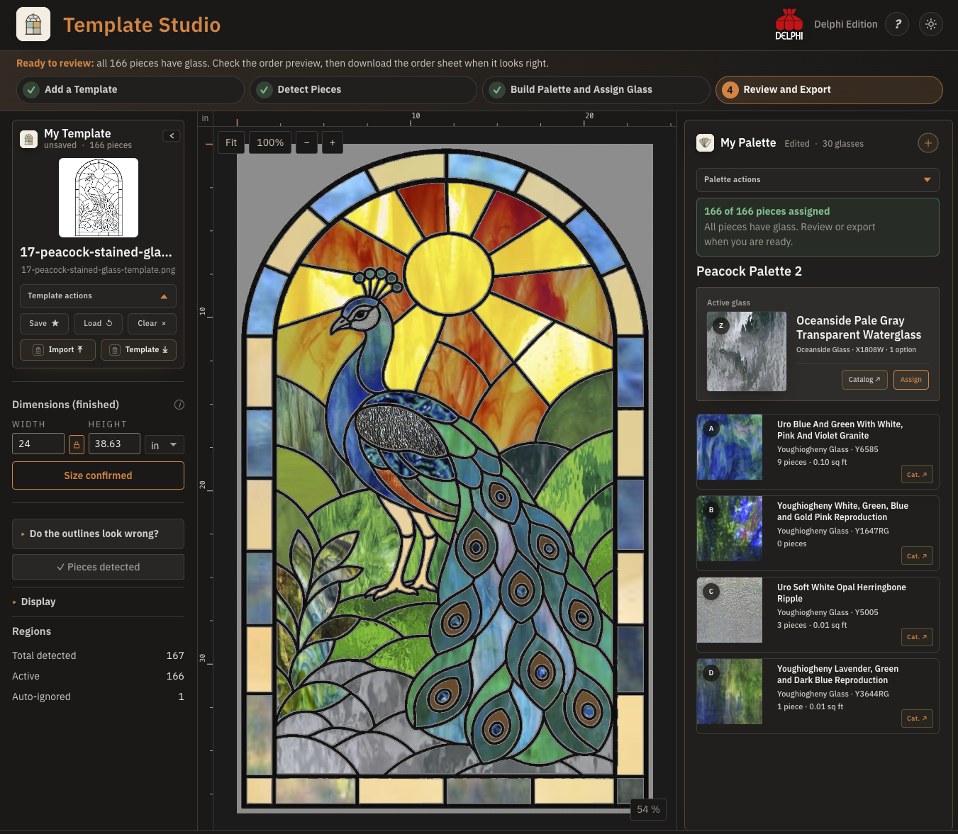 Template Studio workspace showing a full peacock stained-glass pattern with 166 assigned pieces, confirmed dimensions, and My Palette.