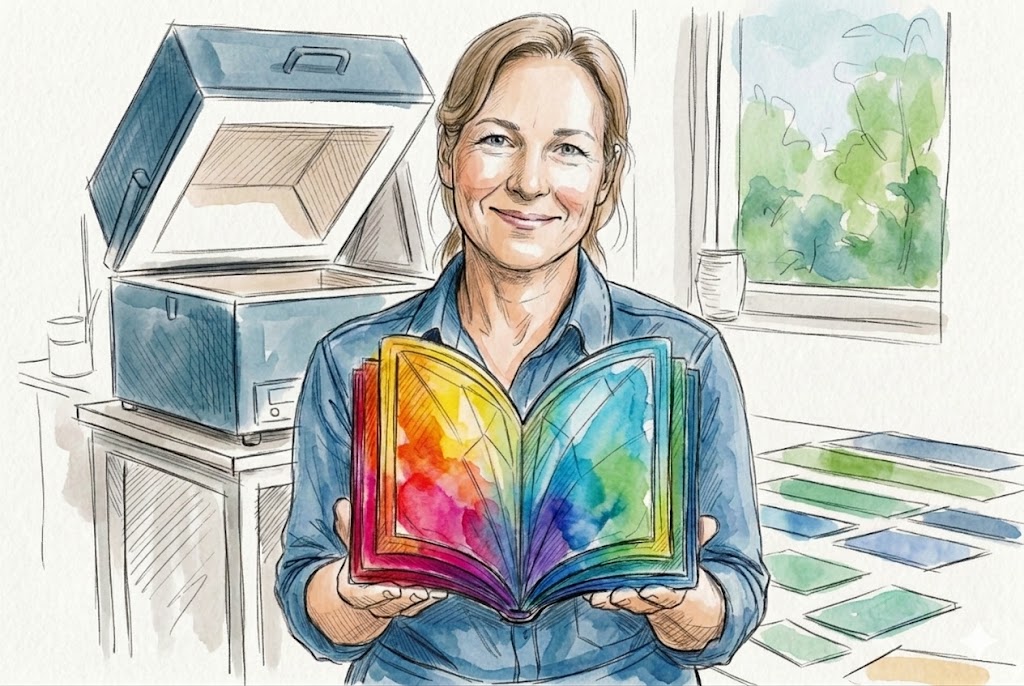 Watercolor illustration of a glass artist holding an open rainbow-colored My Glass Cookbook guide in a studio with a kiln nearby.