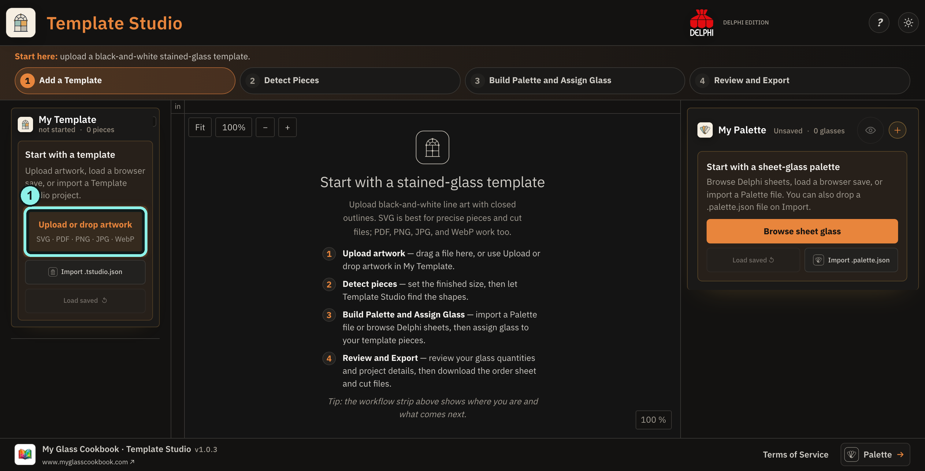 Empty dark Template Studio workspace with Upload or drop artwork outlined in My Template.
