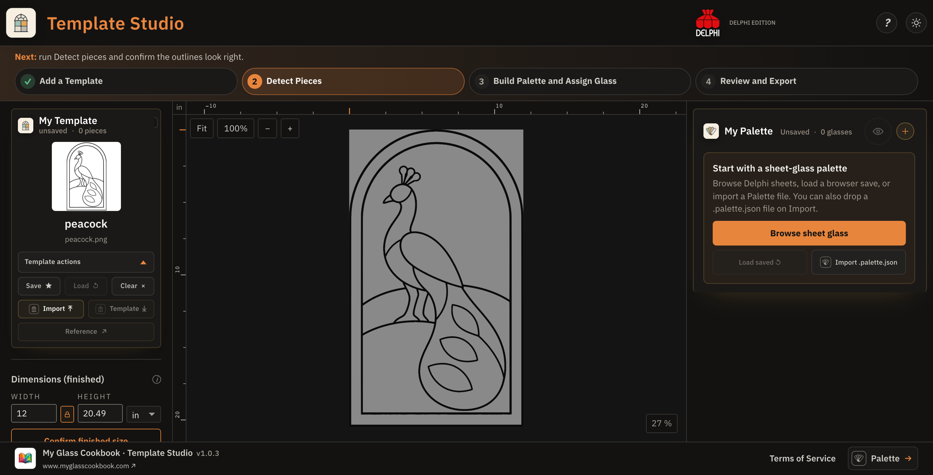 Peacock line-art PNG imported into dark Template Studio, shown in My Template and on the canvas before piece detection.