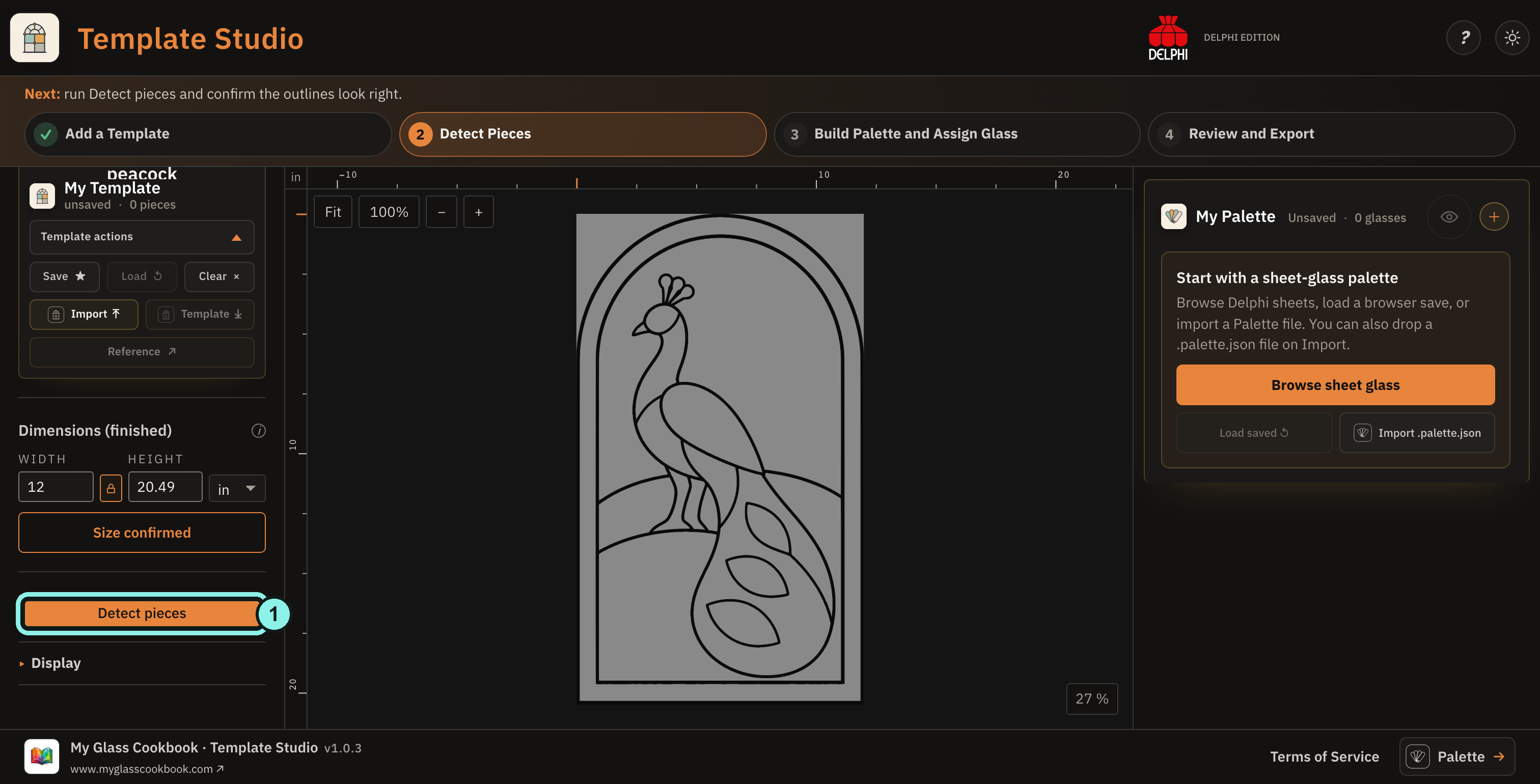 Dark Template Studio showing the loaded peacock and the Detect pieces button after size confirmation.