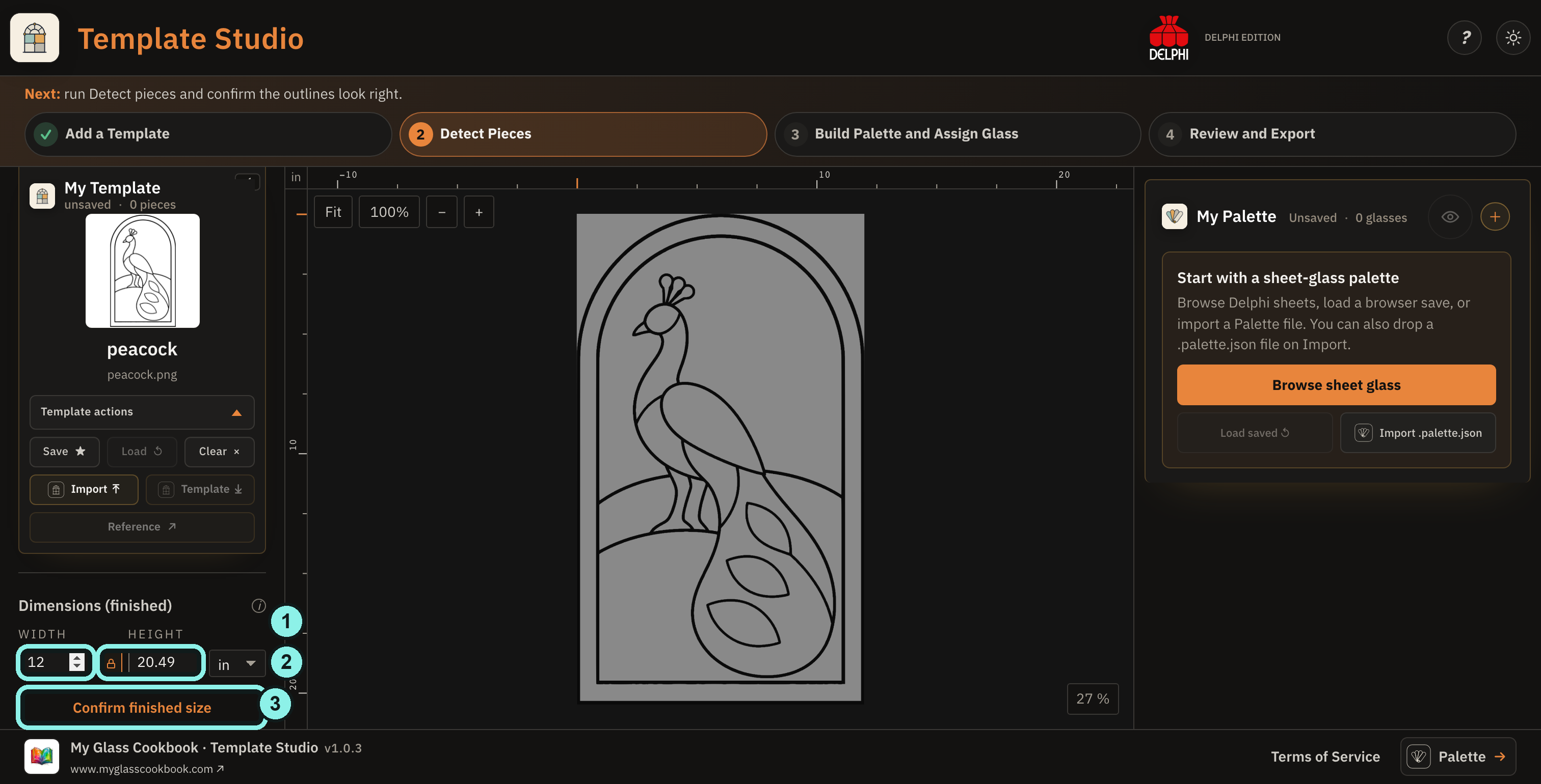 Peacock Dimensions (finished) controls with width, locked height, and Confirm finished size outlined before confirmation.