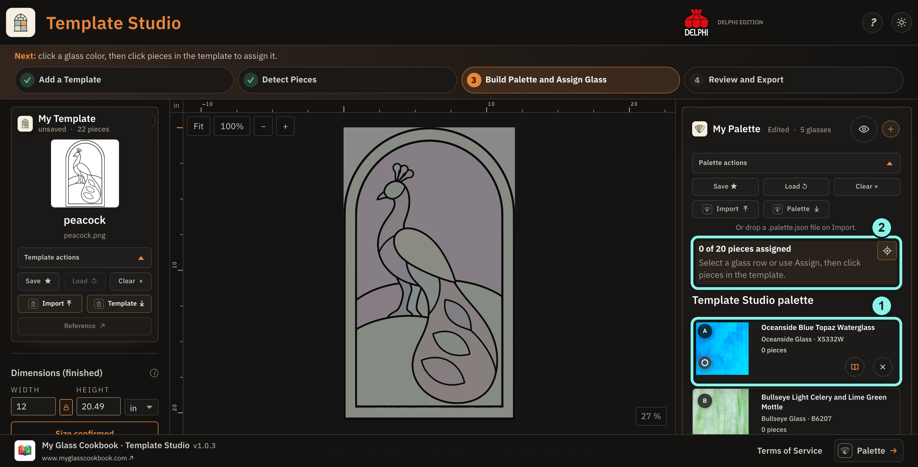 Five selected stained-glass sheets in My Palette beside the unassigned peacock, with the first glass row and assignment progress outlined.