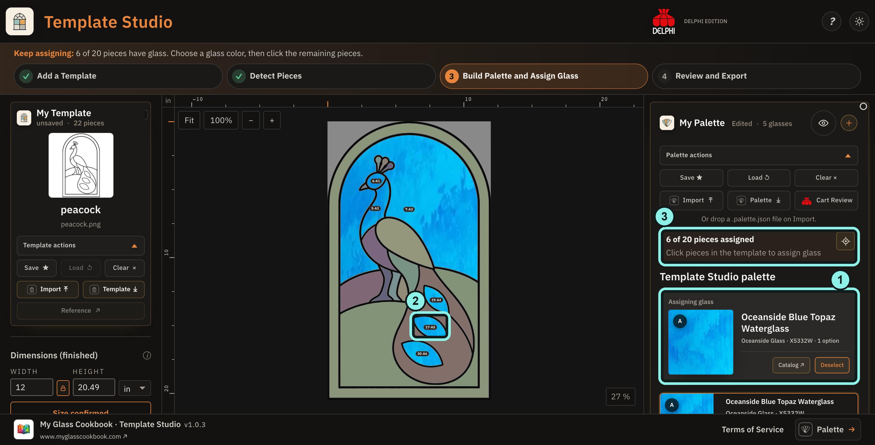 Dark Template Studio with blue glass active, six peacock pieces assigned, and the 6 of 20 progress counter outlined.